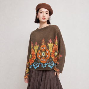 Kadın Sanatsal Çiçek Baskılı Pileli Üst Yuvarlak Yaka Uzun Kollu Yatay Pileli Bluz Zarif Miyake Tarzı Moda Gömlek - Product Image 2