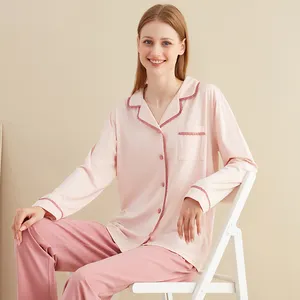 Customized Ladies Button Down Pjs Loungewear 2pcs Female Soild Modal Soft Bamboo Pajamas set Women sleepwear