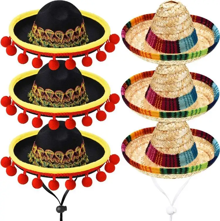 Mini chapeau de paille pour animaux de compagnie Décorations drôles de casquette mexicaine pour fête d'anniversaire Sombrero Petits animaux de compagnie/Chiot/Chat