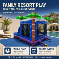 Château gonflable à double toboggan avec piscine à jets d'eau, thème palmier tropical, écologique, capacité 600 kg, location pour fêtes d'enfants
