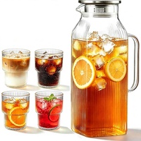Carafe en verre borosilicate avec couvercle et poignée, 4 tasses – Capacité de 68 oz pour limonade, thé glacé, eau aux fruits, boissons chaudes/froides (moderne)