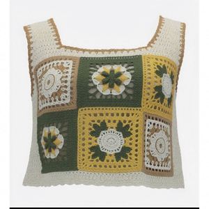 Top sans manches en <span class=keywords><strong>crochet</strong></span> beige 2026 avec motifs floraux carrés multicolores et bordure contrastante blanche – <span class=keywords><strong>Gilet</strong></span> décontracté d'été pour femme - Product Image 1