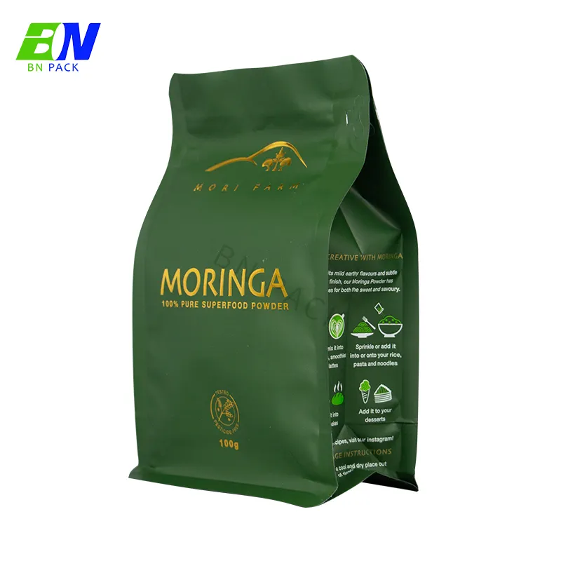 100% อาหารเกรดกระเป๋าด้านล่างแบนที่มีซิปที่กำหนดเองพิมพ์ Morinaga ผงชาถุงแพ็คกาแฟที่มีวาล์ว
