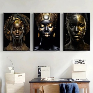 Modern <span class=keywords><strong>Deco</strong></span> Gold Jewelry Wall Art Pictures Black Female Portrait Canvas Poster for Home Decor for Living Room and Bedroom - Product Image 2