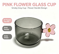 Mug Kaca Tahan Panas WUSO Abu-abu Smoky Transparan Cangkir Kopi Gagang Bunga 3D Pink Peralatan Minum Teh untuk Rumah Kafe
