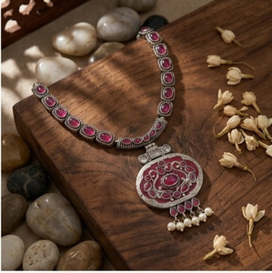 DIVYORO <b>Ruby</b> Red Oval Stone Pendant <b>Necklace</b> Set Oxidized Finish Elegant Designer Jewelry Set with Earrings Fashion Jewelry - Product Image 6