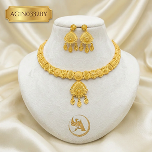 Elegant Indian Pattern 24K Gold Plated Brass African Wedding Charm Necklace Jewelry Set with Flower Design and Matching Earrings - Product Image 1