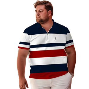 Polo rayé pour homme à manches courtes, color-block, fermeture éclair sur le devant, décontracté, en coton tricoté respirant, blanc, marine, rouge - Product Image 1