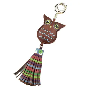 Fashion Black Owl Shape Leather Animal Tassel Keychain for Wedding Pu Leather Luggage Tag Custom Purse Logo Tag