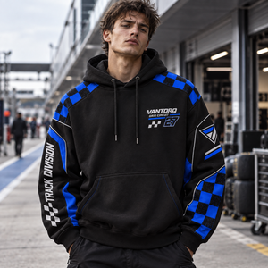Sweat-shirt à capuche unisexe Grid Circuit Racing, bleu et noir, avec motif drapeau à carreaux - Product Image 1