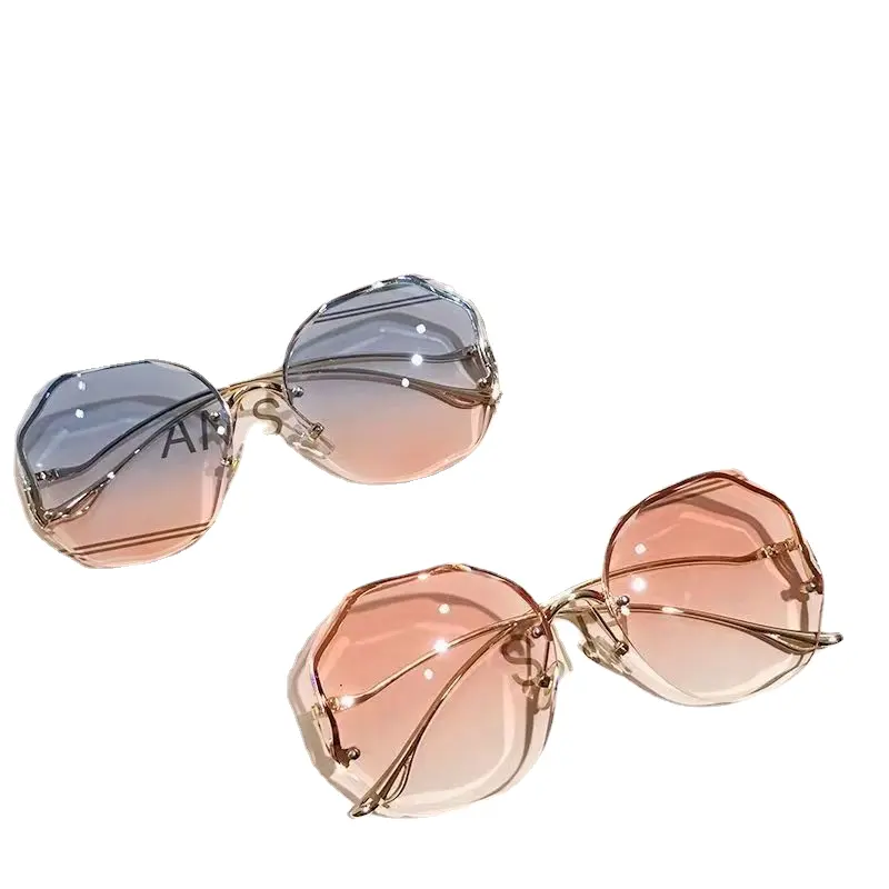 Óculos de sol HY Fashion sem aro para mulheres, óculos de metal com pernas espelhadas e curvas, óculos de sol para mulheres e crianças, óculos de sol de plástico B para uso na rua