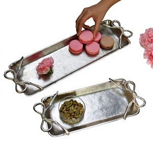 Metal Decorative <b>Trays</b> With Bow Handles For Serving Snacks And <b>Drinks</b> 2Pcs Modern Design <b>Silver</b> <b>Tray</b> For Party Tableware Decor - Product Image 1