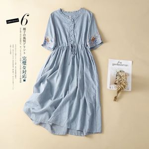 Women's Embroidered Cotton Linen <b>Dress</b> V-Neck Short Sleeve <b>Elastic</b> Waist Loose Fit Daily Wear Orange - Product Image 2