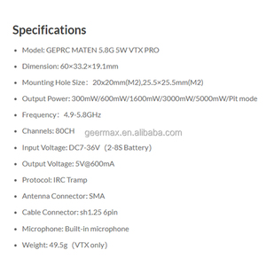 FPV Дрон-видеопередатчик 80CH для GEPRC MATEN 5,8G 5W VTX PRO IRC Tramp протокол дальнего действия Встроенный микрофон DIY UAV запчасти - Product Image 3