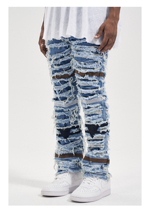 Jeans droits pour hommes de marque OEM Fog Private Blue à la mode grande taille en stock vieilli avec lavage clair et foncé livraison directe - Product Image 3