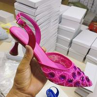 Escarpins à bout pointu et bride arrière, ornements floraux en cristal 3D, logo tulipe évasé, talon coloré, pour mariages, pour femmes européennes et américaines