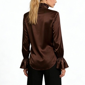 Women's Satin Ruffle Collar Sleeve Blouse - Button Front Casual <b>Top</b> Shirt Fashion - Product Image 5