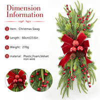 Guirlande de Noël classique en forme de larme avec nœud en velours rouge et pommes de pin, 60 cm, pour porte d'entrée ou mur