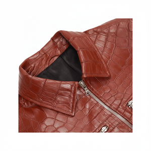 Veste en cuir gaufré crocodile brun rougeâtre pour homme et femme, fermeture éclair intégrale, col rond, quatre poches zippées - Product Image 1