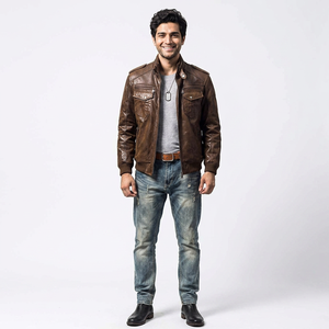 High Quality Autumn Varsity <b>Jacket</b> 100% Genuine <b>Leather</b> in Black Solid Style <b>Men</b> Customization Options Woven Stand Collar - Product Image 1