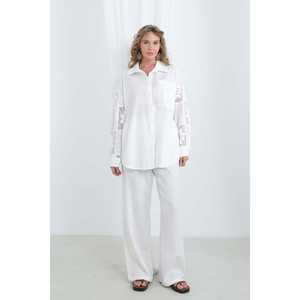 Lace Detail Oversize Shirt Women Ecrum Linen Button <b>Down</b> Bohemian Everyday Style - Product Image 5