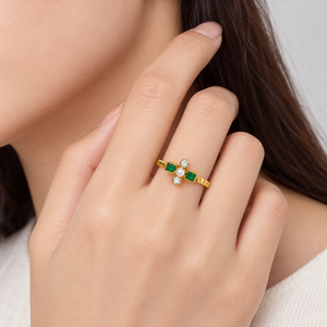 Gold Geometric Cross <b>Ring</b> <b>Stainless</b> <b>Steel</b> Zircon Jewelry with Green Square Stones and 14K Gold Vacuum Plating - Product Image 5