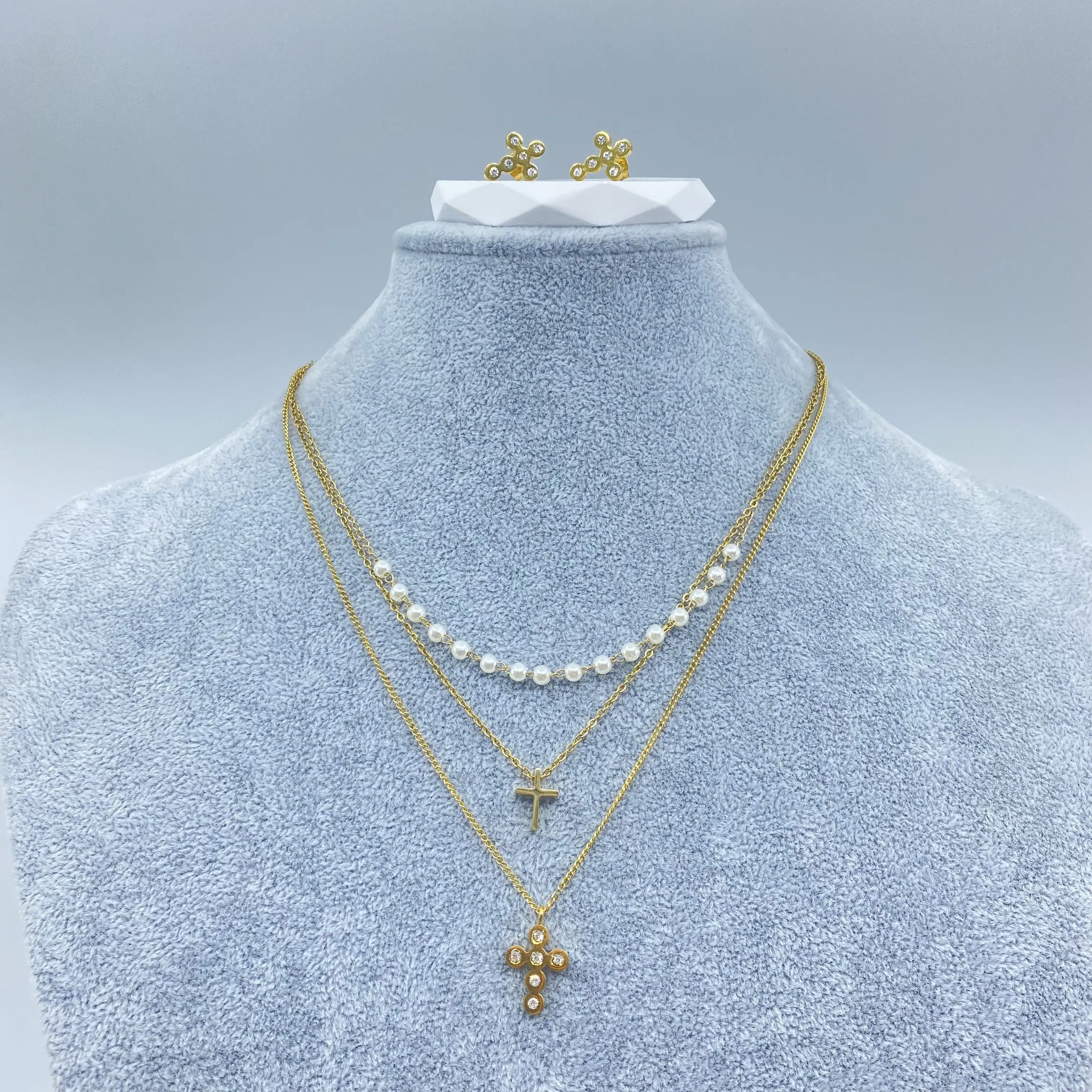Brand New Three Layers Gold Plated Fashion Jewelry Women Pendant Necklace Earrings Stainless Steel Jewelry Setvvvvvvvvv