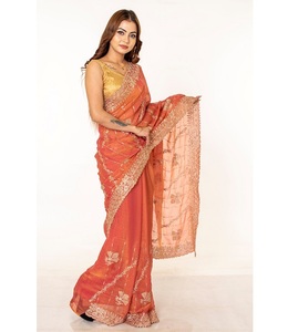 Premium <b>Orange</b> Silk <b>Saree</b> with Elegant Gold Embroidery Traditional Indian Ethnic Wedding Festive Party Wear Floor Length Regular - Product Image 1