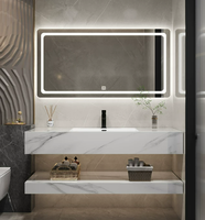 Meuble-lavabo mural de salle de bain en pierre, style européen moderne de luxe, avec miroir LED, durable et résistant à l'eau, garantie 5 ans