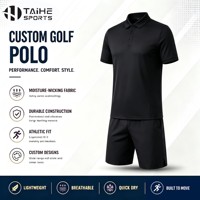 Set Kaos Polo Golf Pria Custom, Celana Pendek, Hitam Solid, Kerah Klasik, Kancing 3, Lengan Pendek, 100% Polyester, Cepat Kering