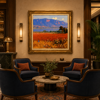 Pintura al Óleo Original Vintage Impresionista de Paisaje, Montaña Azul y Campo Rojo, con Marco de Madera, Arte de Pared para Hotel, Villa, Sala de Estar