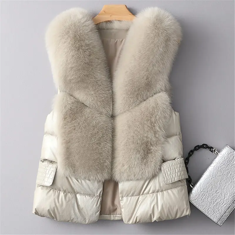 Chaleco de invierno con plumas de pato para mujer, chaqueta de piel sintética, chaleco liso, Parkas cortas sin mangas, abrigos cálidos