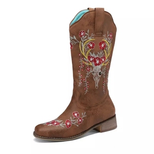 <span class=keywords><strong>Botas</strong></span> Altas hasta la Rodilla Xinzirain Personalizadas con Bordado Floral de Calavera de Ciervo Marrón, <span class=keywords><strong>Botas</strong></span> de Tacón Grueso con Punta Cuadrada Vintage para <span class=keywords><strong>Mujer</strong></span> - Product Image 1