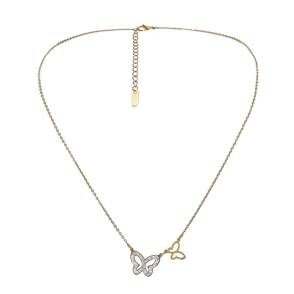 Gold Rvs Ketting Groothandel Pave Diamond Vlinder En Hollow Vlinder Drop Chain Vrouwen Kettingen