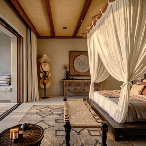Set di Arredamento Completo per Villa Resort Costiero <span class=keywords><strong>in</strong></span> Stile Wabi con Letto a Baldacchino <span class=keywords><strong>in</strong></span> Lino, Parete a Doghe <span class=keywords><strong>in</strong></span> <span class=keywords><strong>Legno</strong></span> e Mobili da Pranzo <span class=keywords><strong>in</strong></span> <span class=keywords><strong>Legno</strong></span> e Rattan Tropicale - Product Image 4