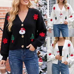 Cardigan de Noël pour <span class=keywords><strong>femme</strong></span> en gros, <span class=keywords><strong>pull</strong></span> court en tricot ample avec appliques au crochet, veste d'extérieur pour fêtes de fin d'année, hiver - Product Image 2