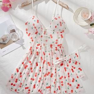 Europäischer und amerikanischer Stil New Cherry Print Camisole Nachthemd Kurzer Rock gepaart mit Unterwäsche Damen Nachtwäsche Set - Product Image 1