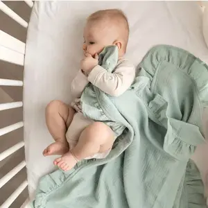 100% Organic Cotton Infant Falbala Edge Baby Comforter Baby Wrap Newborn Receiving Ruffle Muslin Swaddle Blanket