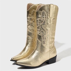 Nouvelles Bottes Dorées Mi-Mollet à Motif Léopard pour Femme, Style Western, Fermeture Éclair, pour Tenues de Soirée Automne-Hiver 2025 - Product Image 4