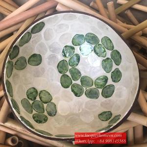 Vietnam Mother of Pearl Lacquer Coconut Bowls, Leaf Flower Seashell Coconut Bowl HT527 - Product Image 2