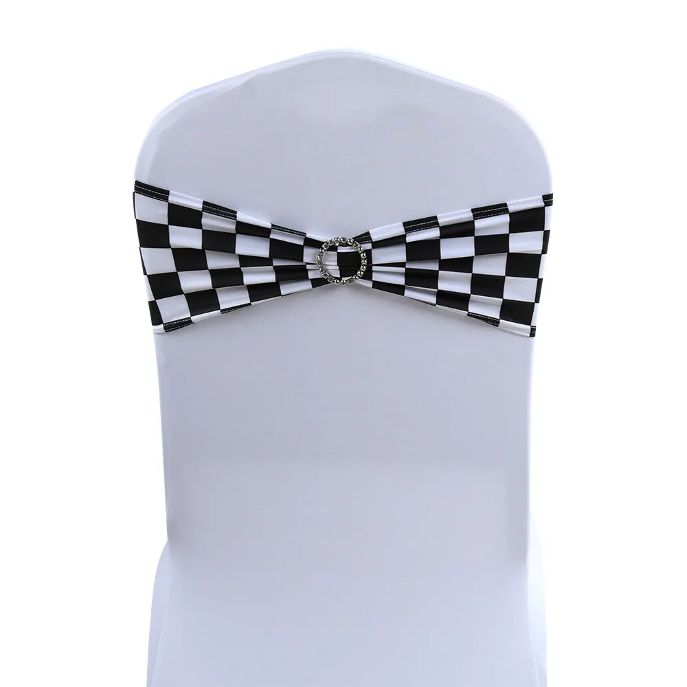 Hot Sale Spandex Stretch Chair Sash Black and White Checked Pattern Bands for Wedding Pary Birthday Events