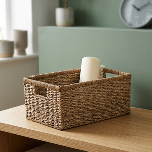 Rectangular <b>Plant</b> Fiber Storage <b>Basket</b> With Handles Rustic Style Multi Purpose Neatening Organizer - Product Image 2
