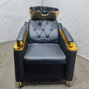 Lujosa Unidad de Lavacabezas Europea Negra y Dorada para Salón con Lavabo de Cerámica y Silla Tapizada Cómoda para Mobiliario de Barbería - Product Image 2