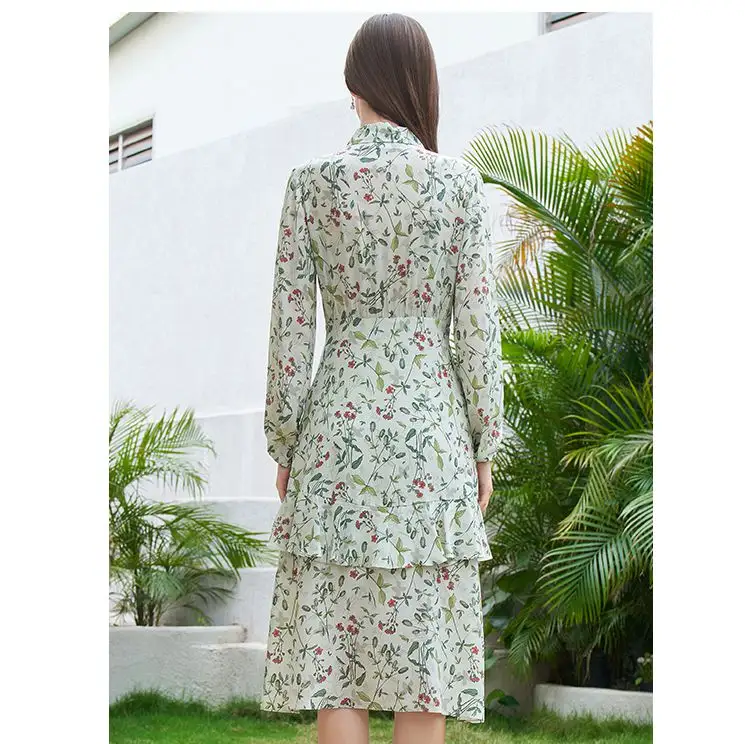 Women causal dress summer printing flower high quality long sleeves OEM dress supplier