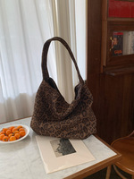 Sac à main à bandoulière unique en velours côtelé à imprimé léopard de style coréen pour femmes, sac de travail de grande capacité