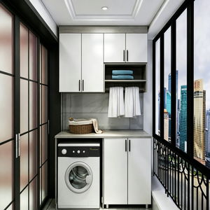 Meuble de balcon encastré BALOM bleu marine sur mesure avec poignées en laiton, étagères ouvertes et <span class=keywords><strong>machine</strong></span> <span class=keywords><strong>à</strong></span> <span class=keywords><strong>laver</strong></span> intégrée - Product Image 5
