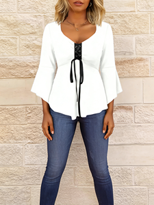 Blusa Formal con Cuello en V, Mangas Campana y Cordones Delanteros para Mujer, en Poliéster y Spandex Ecológicos, para Uso Diario y Conjuntos - Product Image 2