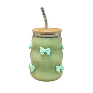 Vaso con Pajita y Tapa de Bambú, Color Sólido con Lazo, para Café, Jugo, Té con Leche, Resistente a Altas Temperaturas, de Vidrio - Product Image 5