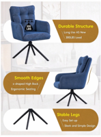 Fauteuil moderne à dossier haut en tissu bleu foncé avec pieds en métal noir robustes, base pivotante à 360 degrés, chaise de salle à manger