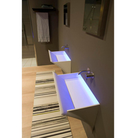 Lavabos d'Intérieur à Surface Solide en Pierre pour Salle de Bain, Mur Arrière, Design de Luxe, Lavabo en Forme de Feuille avec Lumière LED